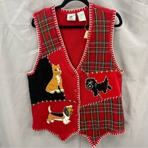 Vintage 90’s Red Plaid‎ Knit Button Front Dog Vest NWT Dead Stock Size 18/20